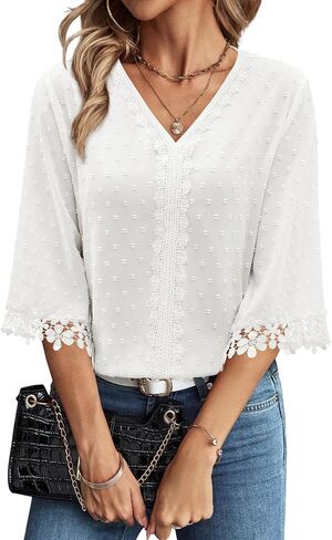 siliteelon 3/4 Length Sleeve Womens Tops Summer Tops for Women 3/4 Sleeve Boho Swiss Dot V Neck Dressy Causal Summer Shirts in Kuwait