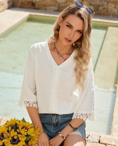 siliteelon 3/4 Length Sleeve Womens Tops Summer Tops for Women 3/4 Sleeve Boho Swiss Dot V Neck Dressy Causal Summer Shirts in Kuwait