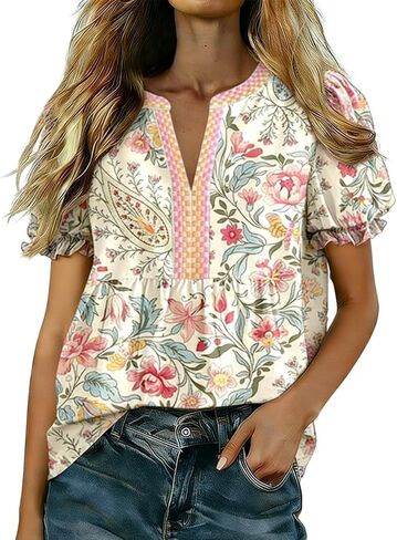 Women's Vintage Floral Paisley Print Blouse V-Neck Puff Short Sleeve Ruffled Cuff Casual Summer Top in Saudi Arabia