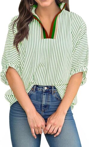 Tankaneo Womens V Neck Striped Blouse Oversized Dolman Sleeve Tops Summer Casual Loose Fit Polo Shirts in Kuwait