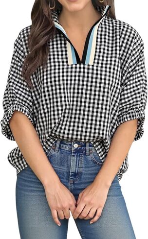 Tankaneo Womens V Neck Striped Blouse Oversized Dolman Sleeve Tops Summer Casual Loose Fit Polo Shirts in Kuwait