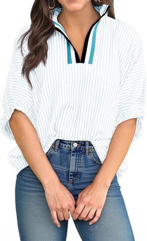 Tankaneo Womens V Neck Striped Blouse Oversized Dolman Sleeve Tops Summer Casual Loose Fit Polo Shirts in Kuwait