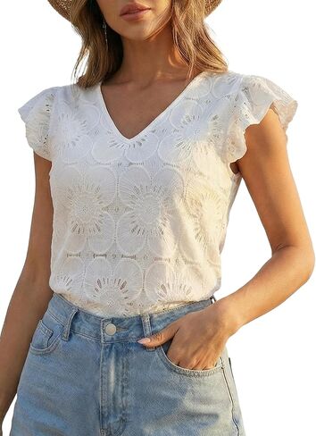CUPSHE Women's Lace Eyelet Top - V Neck Ruffle Short Sleeve Floral Casual Summer Outfits 2026 in Kuwait