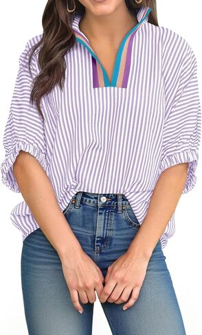 Tankaneo Womens V Neck Striped Blouse Oversized Dolman Sleeve Tops Summer Casual Loose Fit Polo Shirts in Kuwait