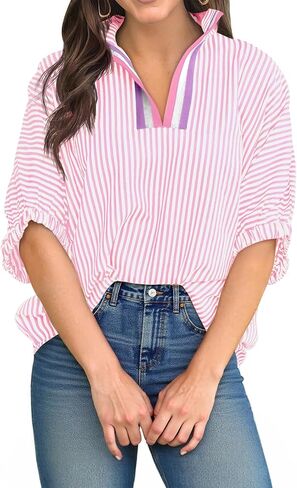 Tankaneo Womens V Neck Striped Blouse Oversized Dolman Sleeve Tops Summer Casual Loose Fit Polo Shirts in Kuwait