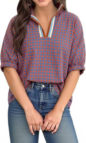 Tankaneo Womens V Neck Striped Blouse Oversized Dolman Sleeve Tops Summer Casual Loose Fit Polo Shirts in Kuwait