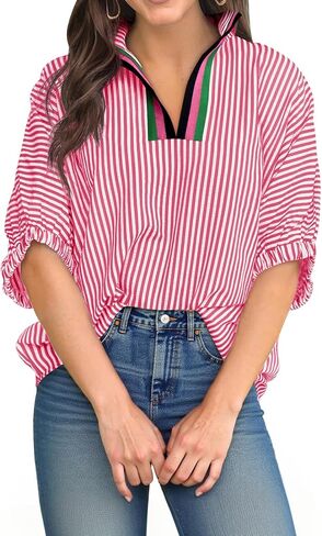 Tankaneo Womens V Neck Striped Blouse Oversized Dolman Sleeve Tops Summer Casual Loose Fit Polo Shirts in Kuwait