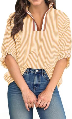 Tankaneo Womens V Neck Striped Blouse Oversized Dolman Sleeve Tops Summer Casual Loose Fit Polo Shirts in Kuwait