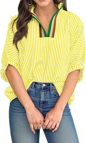 Tankaneo Womens V Neck Striped Blouse Oversized Dolman Sleeve Tops Summer Casual Loose Fit Polo Shirts in Kuwait