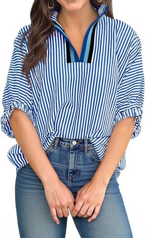 Tankaneo Womens V Neck Striped Blouse Oversized Dolman Sleeve Tops Summer Casual Loose Fit Polo Shirts in Kuwait