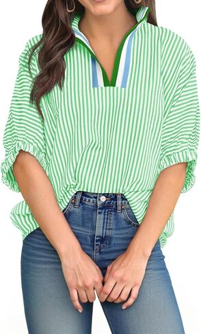 Tankaneo Womens V Neck Striped Blouse Oversized Dolman Sleeve Tops Summer Casual Loose Fit Polo Shirts in Kuwait