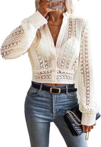 Women's Notched Neck Hollow Out Button Front Cropped Blouse Top Long Sleeve T Shirt Blouse for Women in Saudi Arabia