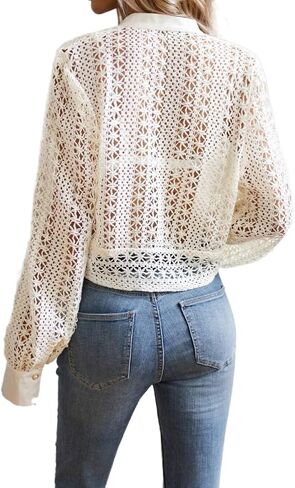 Women's Notched Neck Hollow Out Button Front Cropped Blouse Top Long Sleeve T Shirt Blouse for Women in Saudi Arabia