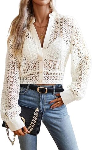 Women's Notched Neck Hollow Out Button Front Cropped Blouse Top Long Sleeve T Shirt Blouse for Women in Saudi Arabia