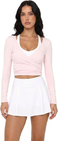 Women's Ballet Wrap Tops Long Sleeve Workout Shirt Tie Front Crop Yoga Pilates Active Clothes Y2k Gym Cover Up in Kuwait