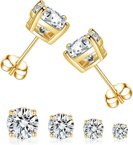 4 Pairs Real Gold Plated Stud Earring Set, 5A Cubic Zirconia Hypoallergenic Earrings Pack for Women and Men in Saudi Arabia