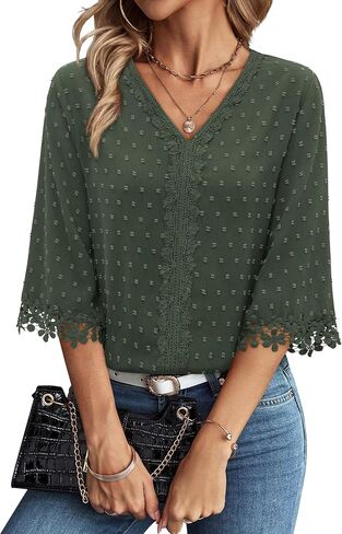 siliteelon 3/4 Length Sleeve Womens Tops Summer Tops for Women 3/4 Sleeve Boho Swiss Dot V Neck Dressy Causal Summer Shirts in Kuwait