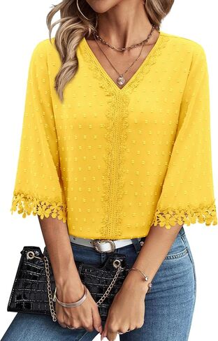 siliteelon 3/4 Length Sleeve Womens Tops Summer Tops for Women 3/4 Sleeve Boho Swiss Dot V Neck Dressy Causal Summer Shirts in Kuwait