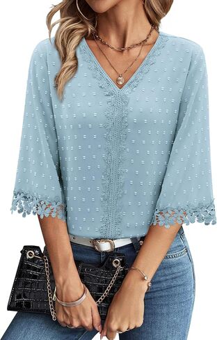 siliteelon 3/4 Length Sleeve Womens Tops Summer Tops for Women 3/4 Sleeve Boho Swiss Dot V Neck Dressy Causal Summer Shirts in Kuwait