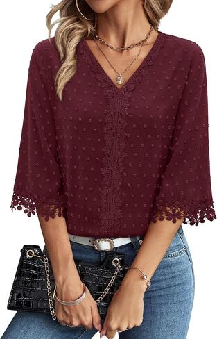 siliteelon 3/4 Length Sleeve Womens Tops Summer Tops for Women 3/4 Sleeve Boho Swiss Dot V Neck Dressy Causal Summer Shirts in Kuwait