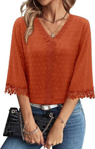 siliteelon 3/4 Length Sleeve Womens Tops Summer Tops for Women 3/4 Sleeve Boho Swiss Dot V Neck Dressy Causal Summer Shirts in Kuwait