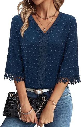 siliteelon 3/4 Length Sleeve Womens Tops Summer Tops for Women 3/4 Sleeve Boho Swiss Dot V Neck Dressy Causal Summer Shirts in Kuwait