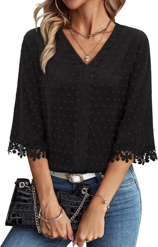 siliteelon 3/4 Length Sleeve Womens Tops Summer Tops for Women 3/4 Sleeve Boho Swiss Dot V Neck Dressy Causal Summer Shirts in Kuwait