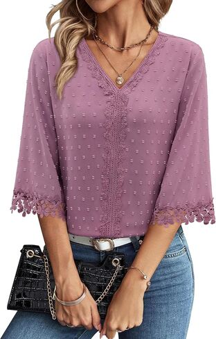 siliteelon 3/4 Length Sleeve Womens Tops Summer Tops for Women 3/4 Sleeve Boho Swiss Dot V Neck Dressy Causal Summer Shirts in Kuwait