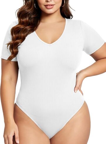 COOTRY Plus Size Short Sleeve Bodysuits for Women V Neck Body Suit Tops Basic One Piece Bodysuit T Shirt in Kuwait