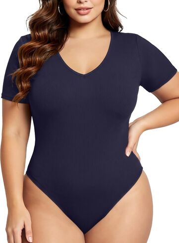 COOTRY Plus Size Short Sleeve Bodysuits for Women V Neck Body Suit Tops Basic One Piece Bodysuit T Shirt in Kuwait