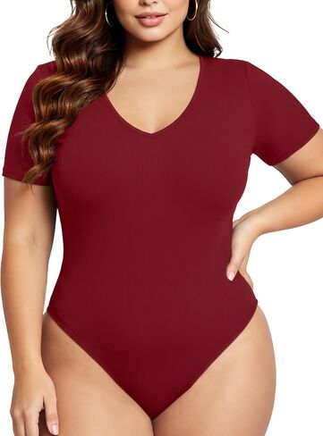 COOTRY Plus Size Short Sleeve Bodysuits for Women V Neck Body Suit Tops Basic One Piece Bodysuit T Shirt in Kuwait