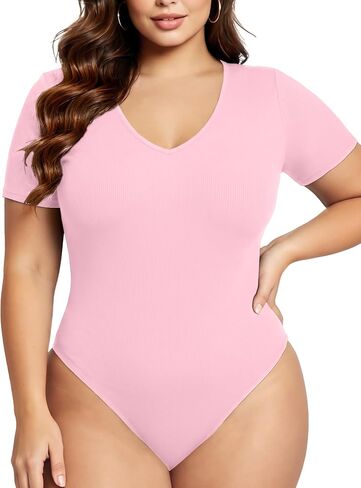 COOTRY Plus Size Short Sleeve Bodysuits for Women V Neck Body Suit Tops Basic One Piece Bodysuit T Shirt in Kuwait