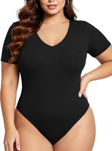 COOTRY Plus Size Short Sleeve Bodysuits for Women V Neck Body Suit Tops Basic One Piece Bodysuit T Shirt in Kuwait