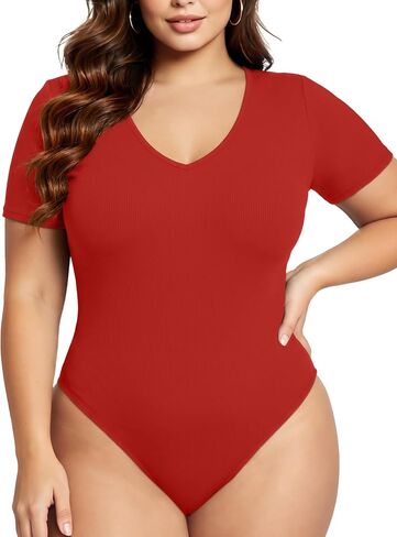 COOTRY Plus Size Short Sleeve Bodysuits for Women V Neck Body Suit Tops Basic One Piece Bodysuit T Shirt in Kuwait