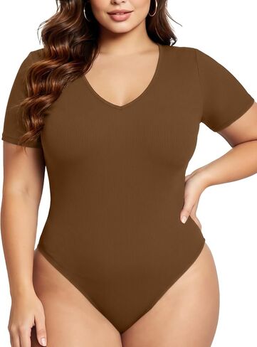 COOTRY Plus Size Short Sleeve Bodysuits for Women V Neck Body Suit Tops Basic One Piece Bodysuit T Shirt in Kuwait