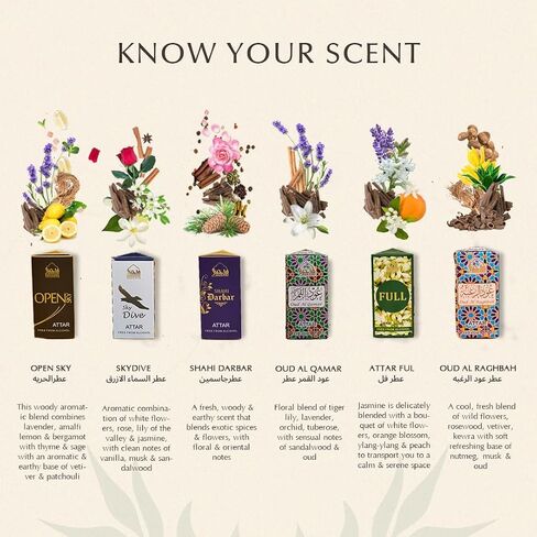 Dukhni Mixed Attar Oil Set Arabian perfume oils for men and women | 6 assorted scents x 6ml | Arabic oudh oil fragrances | Gift set, Halal Islamic Scents in Saudi Arabia