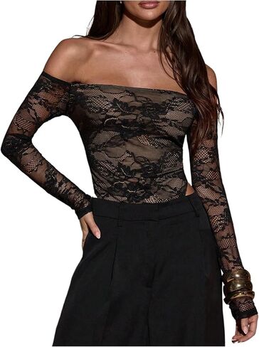 SweatyRocks Women's Sexy Backless Off The Shoulder Long Sleeve Bodysuits Twist Back Slim Fit Leotard Going Out Tops in Kuwait