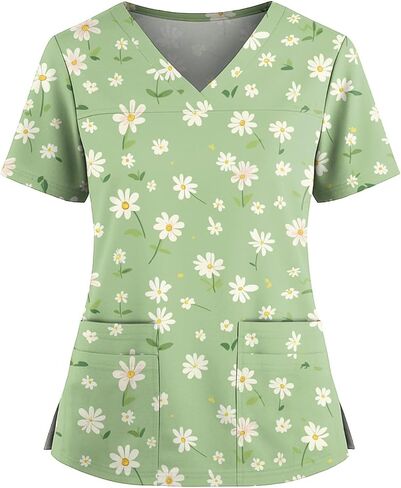 Women's Scrubs Printed Scrub Tops Plus Size Stretch Nursing Scrubs Fall Medical Workwear with Pockets S-5XL in Kuwait