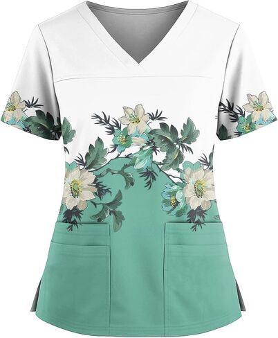 Women's Scrubs Printed Scrub Tops Plus Size Stretch Nursing Scrubs Fall Medical Workwear with Pockets S-5XL in Kuwait