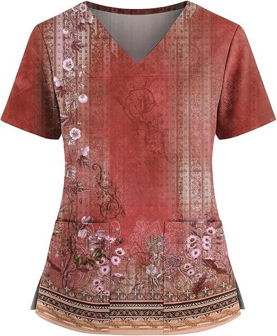 Women's Scrubs Printed Scrub Tops Plus Size Stretch Nursing Scrubs Fall Medical Workwear with Pockets S-5XL in Kuwait
