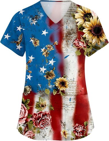 Women's Scrubs Printed Scrub Tops Plus Size Stretch Nursing Scrubs Fall Medical Workwear with Pockets S-5XL in Kuwait