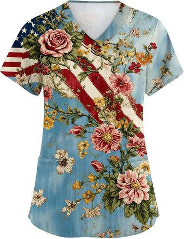Women's Scrubs Printed Scrub Tops Plus Size Stretch Nursing Scrubs Fall Medical Workwear with Pockets S-5XL in Kuwait