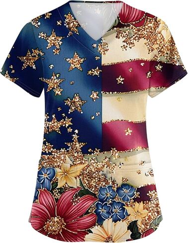 Women's Scrubs Printed Scrub Tops Plus Size Stretch Nursing Scrubs Fall Medical Workwear with Pockets S-5XL in Kuwait