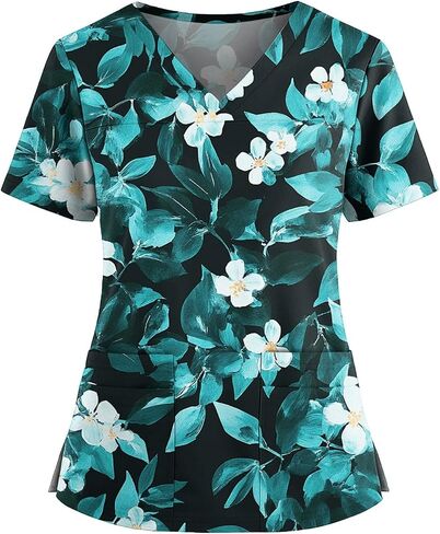 Women's Scrubs Printed Scrub Tops Plus Size Stretch Nursing Scrubs Fall Medical Workwear with Pockets S-5XL in Kuwait