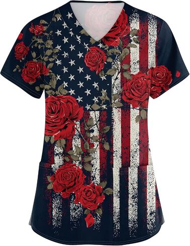 Women's Scrubs Printed Scrub Tops Plus Size Stretch Nursing Scrubs Fall Medical Workwear with Pockets S-5XL in Kuwait