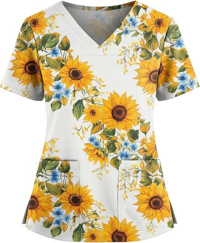 Women's Scrubs Printed Scrub Tops Plus Size Stretch Nursing Scrubs Fall Medical Workwear with Pockets S-5XL in Kuwait