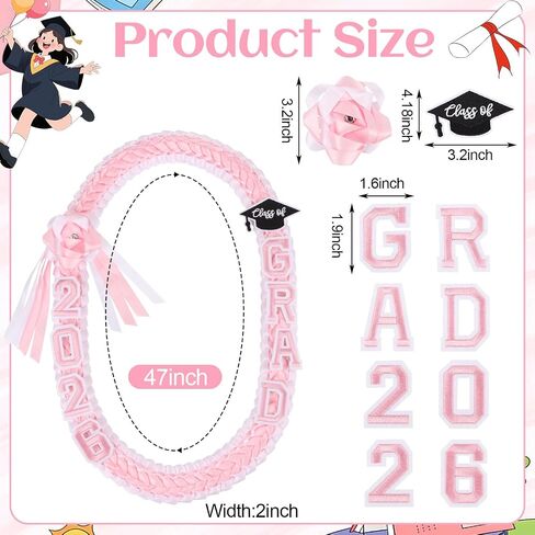 CCINEE Pink Graduation Lei 2026, 47 x 2 Inch Pink and White Ribbon Lei for Class of 2026 Braided Graduation Necklace for School College Women Grads Congrats in Kuwait