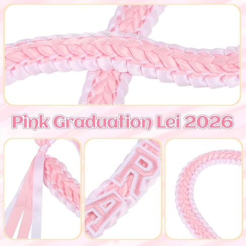 CCINEE Pink Graduation Lei 2026, 47 x 2 Inch Pink and White Ribbon Lei for Class of 2026 Braided Graduation Necklace for School College Women Grads Congrats in Kuwait