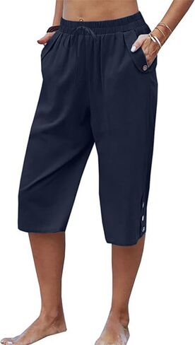 Larmliss Womens Casual Capri Pants Elastic Waist Solid Color 3/4 Wide Leg Summer Trousers with Pockets in Saudi Arabia