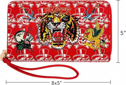 حقيبة يد نسائية من ED HARDY بسحاب حول المحفظة، حامل بطاقات بسعة كبيرة ومحفظة للعملات المعدنية، 8 × 5 بوصة (أحمر وشم) in Kuwait